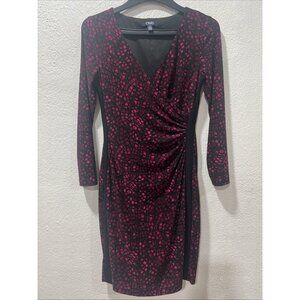 CHAPS BLACK & FUCHSIA PINK Wrap Front‎  DRESS Size M Long Sleeve Body-con